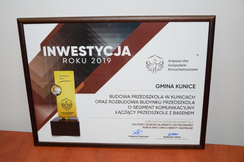 II miejsce dla Gminy Kunice w Konkursie „Inwestycja Roku” 2019