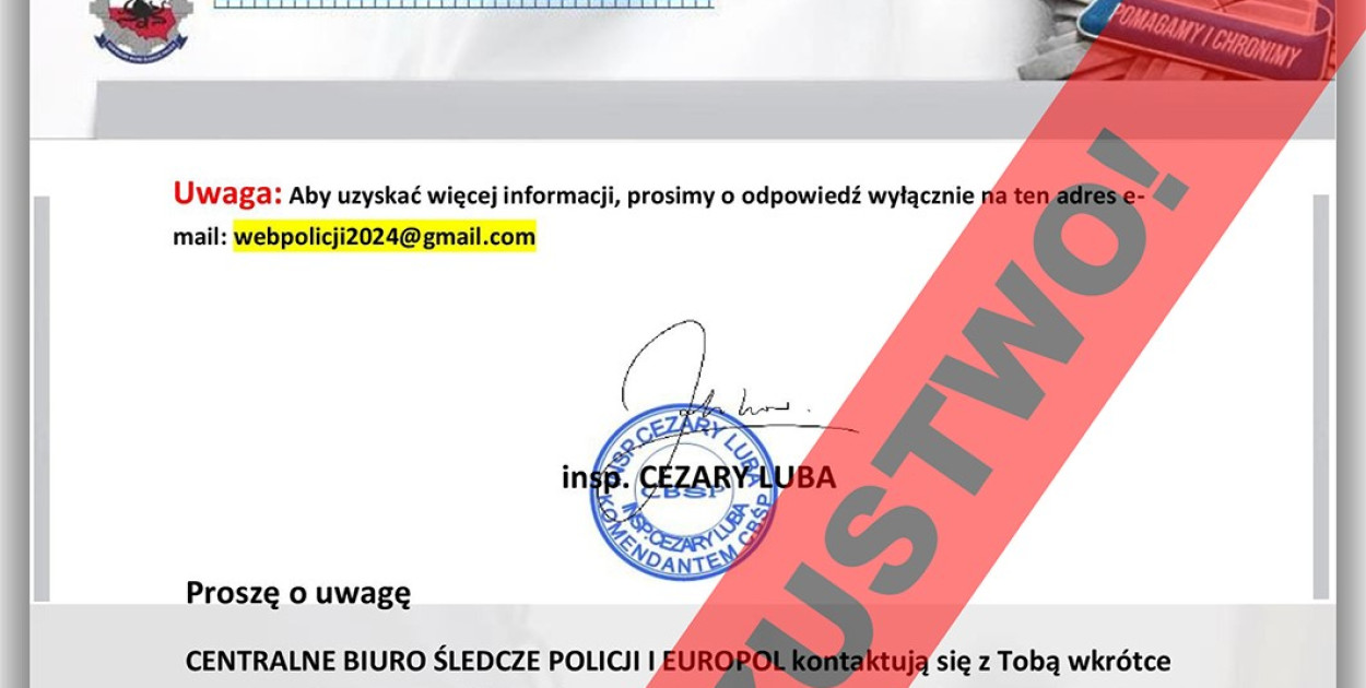 Policja ostrzega: oszuści podszywają się pod CBŚP (źródło: KMP Legnica)