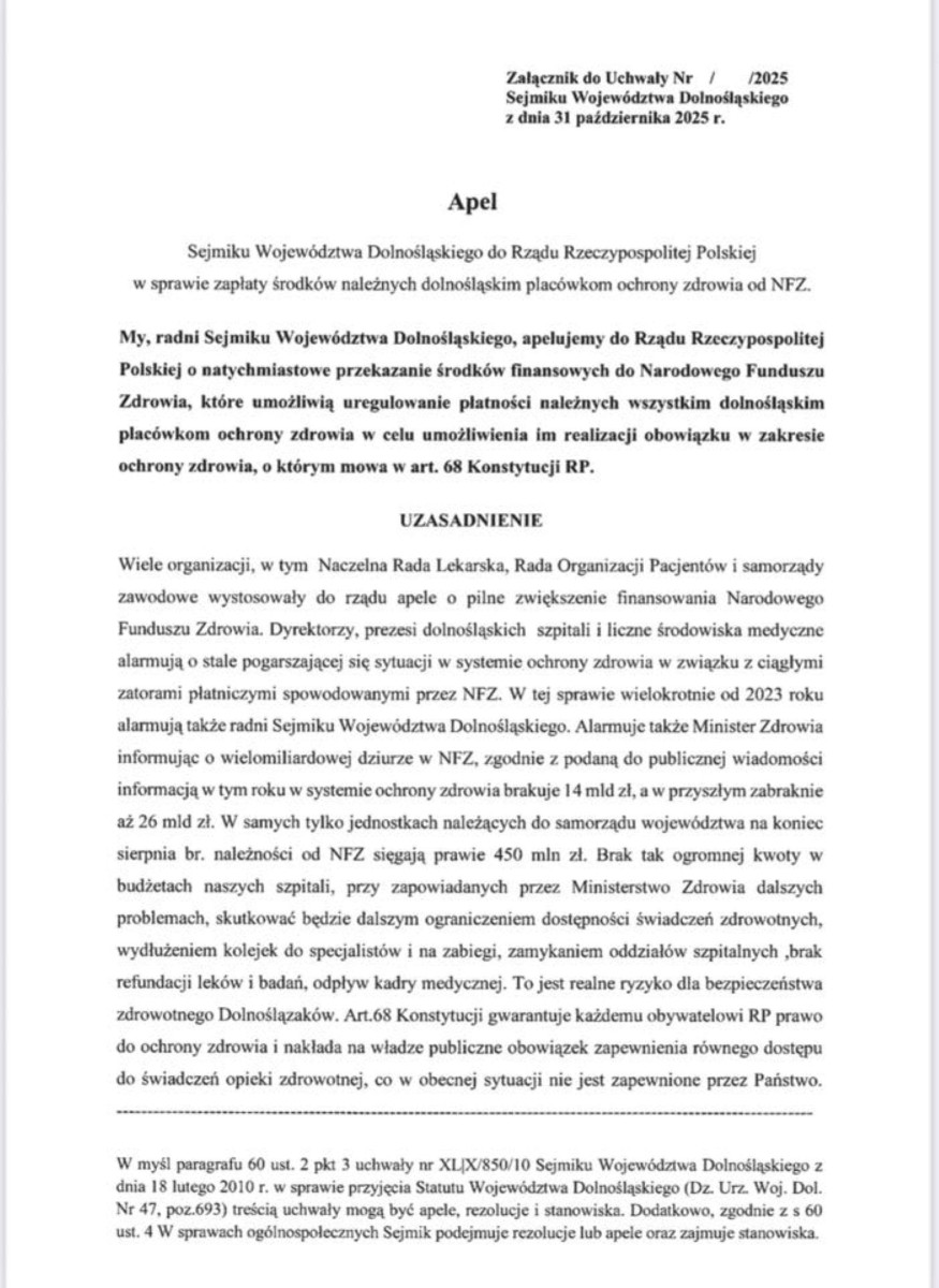 Radni PiS apelują o pilne wsparcie dla dolnośląskiej ochrony zdrowia (źródło: Fb. PG)