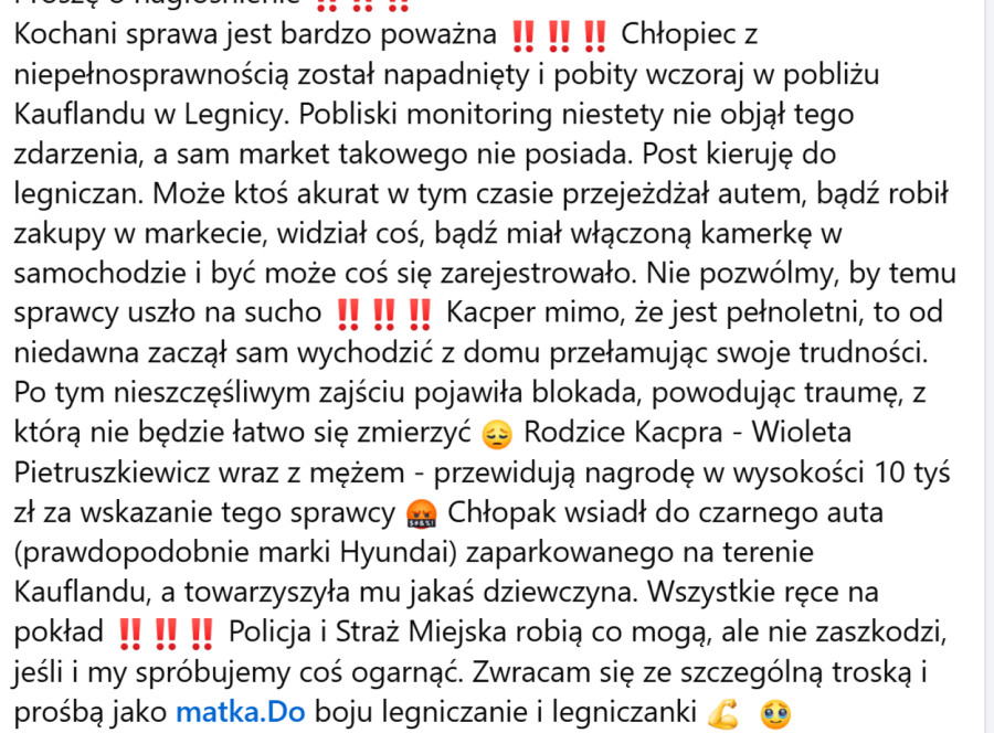 Napadl na 22-latka z niepełnosprawnością. Rodzina prosi o pomoc (źródło: Fb.)