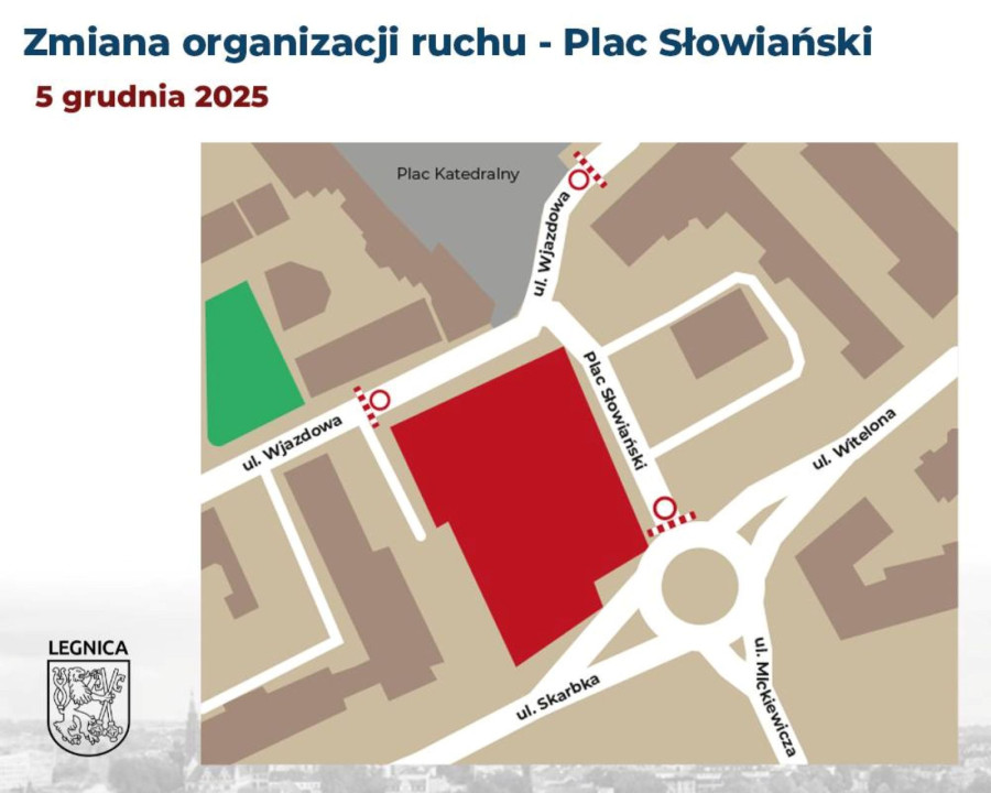W piątek zmieni się organizacja ruchu w rejonie placu Słowiańskiego (źródło: UM Legnica)