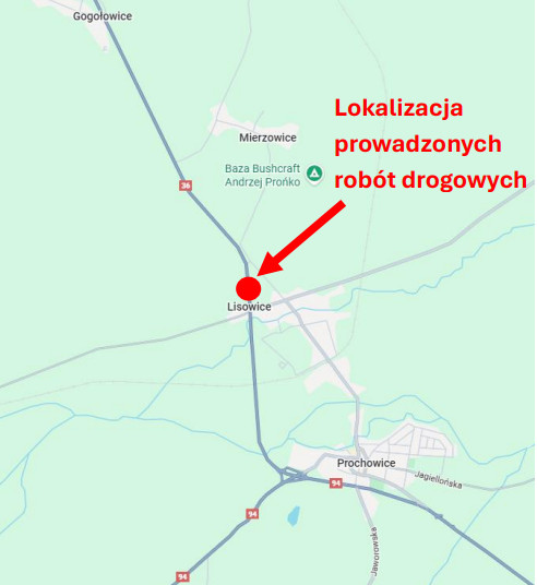 Mapka poglądowa z zaznaczeniem remontu na DK36 (źródło: gddkia-wroclaw)