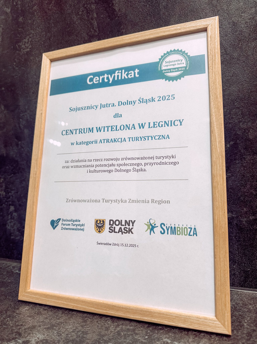 Certyfikat „Sojusznicy Jutra” dla Centrum Witelona (źródło: Fb. Centrum Witelona)