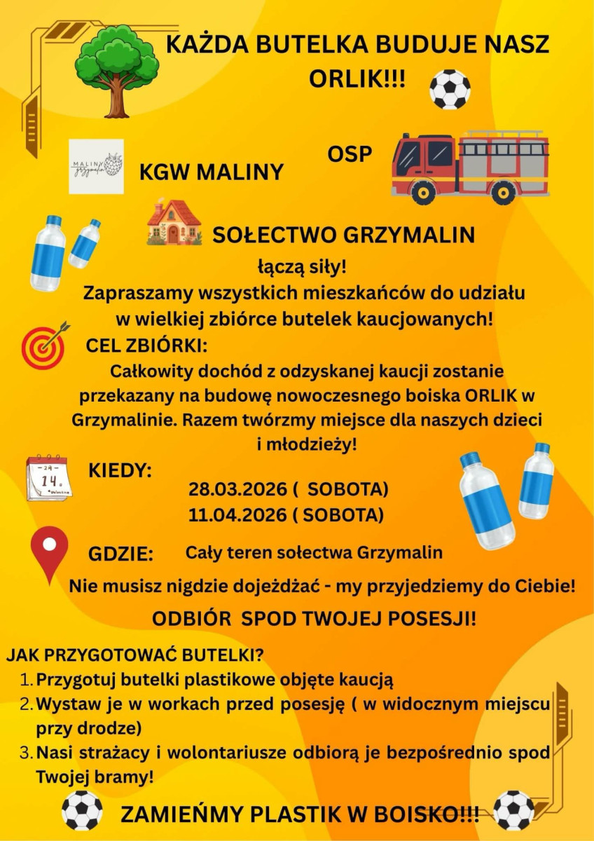 Świetna akcja w Grzymalinie. Kaucyjne butelki pomogą zbudować Orlik (mat. prasowe)