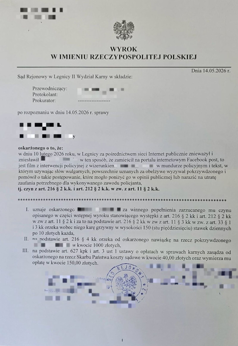 Znieważał policjanta. Sąd wydał wyrok (źródło: KMP Legnica)