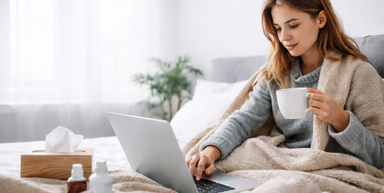 Zwolnienie lekarskie online – pacjentka korzystająca z konsultacji lekarskiej przez internet w domu