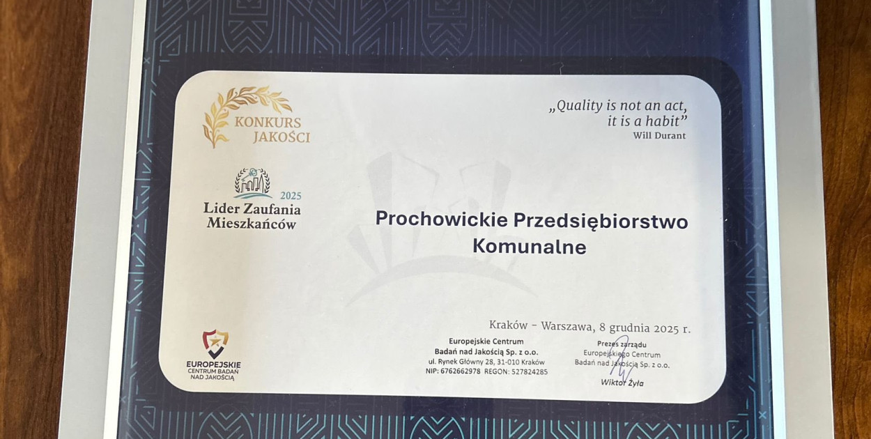 Prochowickie Przedsiębiorstwo Komunalne otrzymało tytuł „Lider Zaufania Mieszkańców” (mat. prasowe)