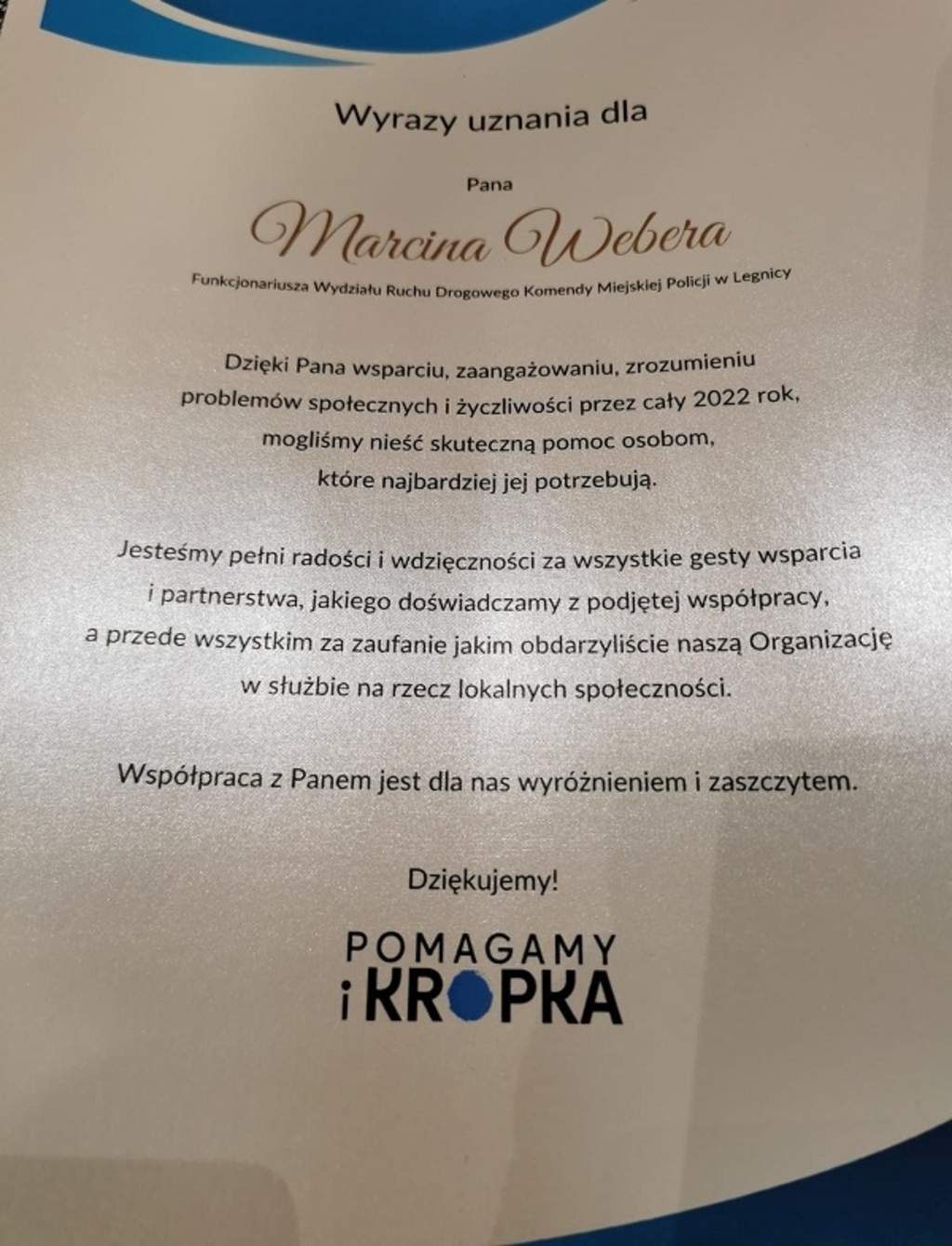 Marcin Weber wyróżniony - FOTO:KMP Legnica